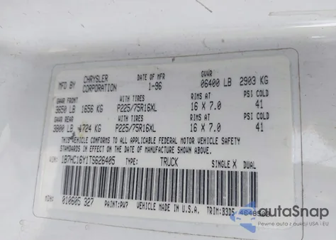 1996 Dodge Ram 1500 from USA, damaged, VIN 1B7HC16Y1TS626405